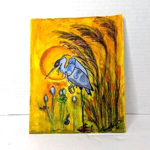 Original Watercolor Painting, "Heron Waits" Artist Signed, 6.5"W X 8"L